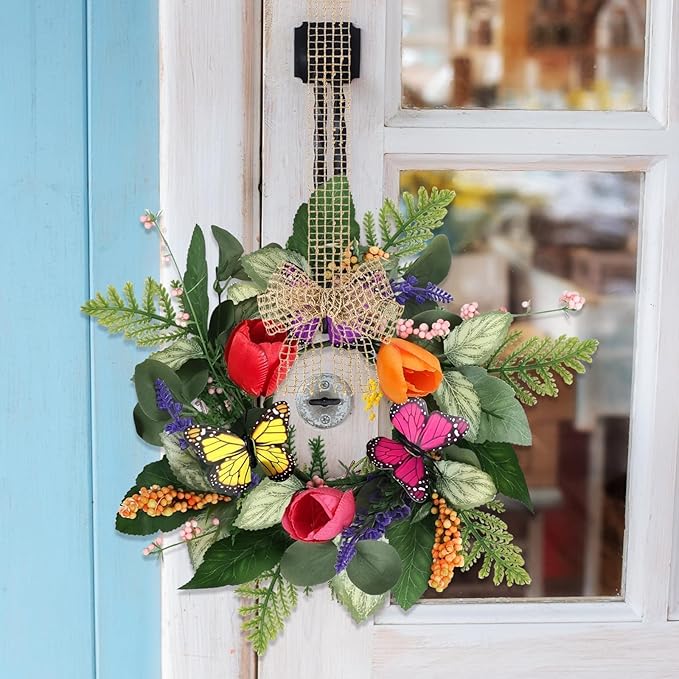 6 PCS Spring Lavender Tulips Hanging Wreaths for Kitchen Cabinets Artificial Small Floral Wreaths for Front Door with Butterfly Spring Summer Mini Wreath for Home Farmhouse Window Porch Wall Decor