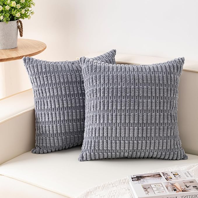 Aegero Pack of 2 Corduroy Decorative Throw Pillow Covers 20x20 InchSoft Boho Striped Pillow Covers Modern Farmhouse Home Decor for Sofa Living Room Couch Bed（Light Grey）