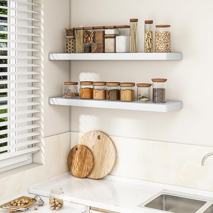 RICHFOCUS 40Inch Floating Shelves for Wall 1 Pack Shelves for Bedroom|Kitchen|Bathroom|Laundry Room Rustic Wood Wall Mounted Shelf with Invisible Brackets for Books|Storage|Decor, White