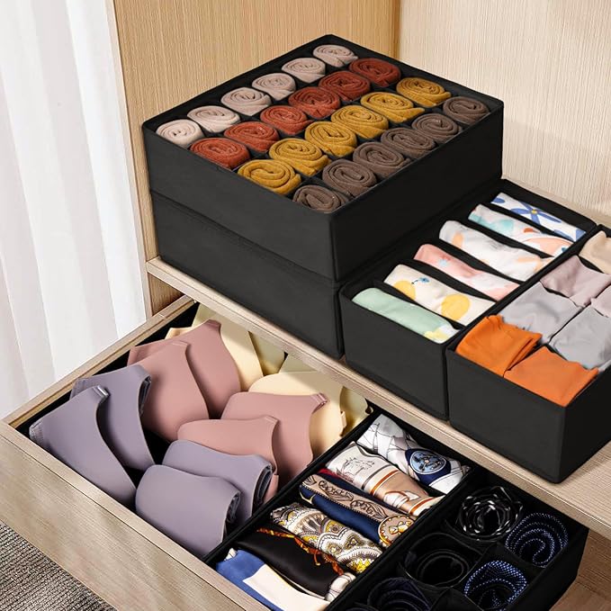 Criusia Drawer Organizer Clothes, 16 Pack Dresser Organizer Bins for Baby Clothes, Underwear Sock, Fabric Closet Organization and Storage Dividers for Nursery Bedroom (96 Compartments, Black)