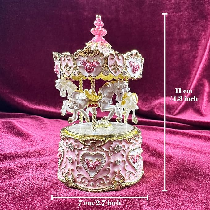 Carousel Music Box Figurine Pink Enamel, Rose Accents, Golden Details, Ideal Home Decor & Gift Giving