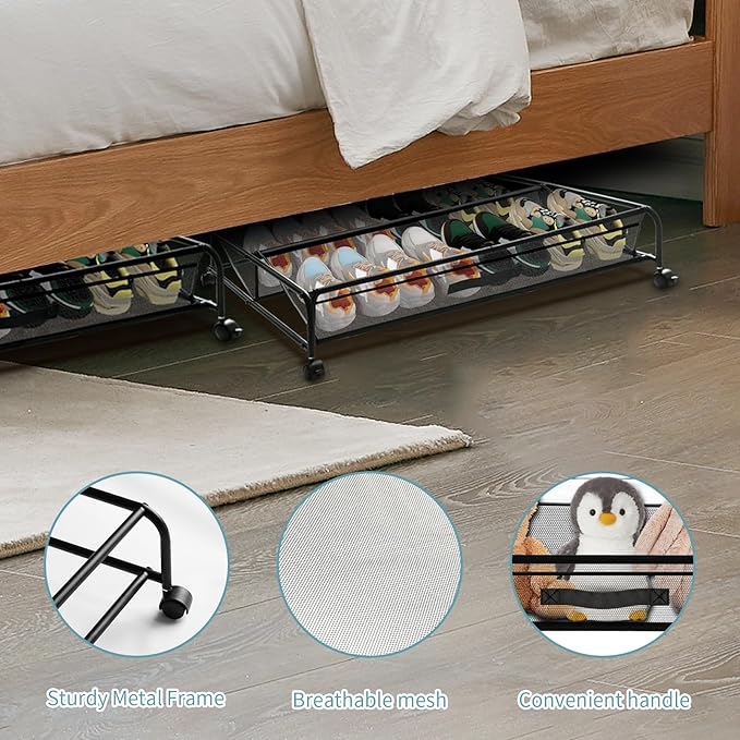 Under Bed Shoe Storage with Wheels, Space Saving Shoe Organizer with Sturdy Metal Frame & Breathable Mesh, Suitable Under the Bed, Sofa and Desk, 2 Packs