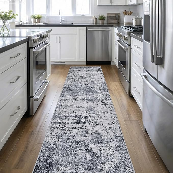 2.6'x14' Runner Rug Washable Rug: Modern Abstract Soft Thin Runner Rug Grey