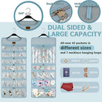 SMRITI Hanging Jewelry Organizer with Dual Zippered Pockets Canvas Double Sided Rotating Hanger Necklace Hanging Wall Organizer Earring Dustproof Holder Wall Mount Accessories Display Bag(Light Blue)