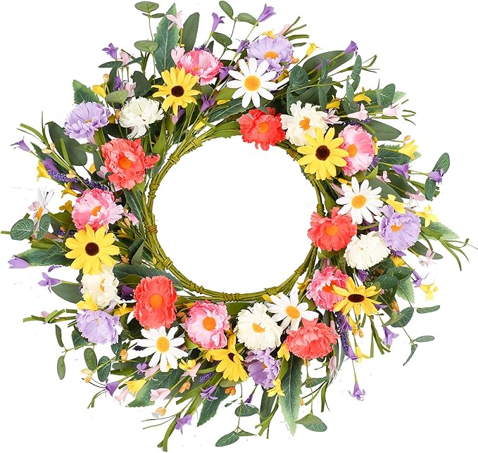 VioletEverGarden Artificial Spring Wreath 20” Purple Yellow White and Pink Flower Wreaths Summer Door Wreath for Home Party Festival Wedding Decor