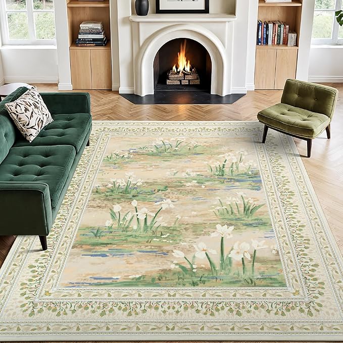 Lessymo Floral Large Area Rug 9x12, Living Room Washable Area Rugs Non Slip Boho Low Plie Large Carpet for Bedroom Dining Room Home Office, Vintage Boho Farmhouse Moody Aesthetic Carpet, Beige Sage