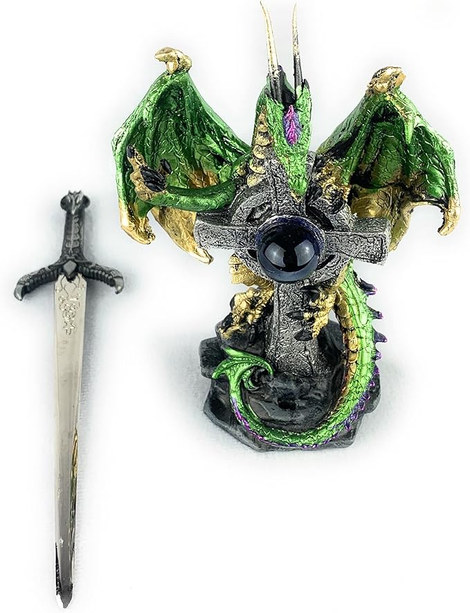 Ain’t It Nice Dragon Statue with Medieval Dragon Sword and Crystal Ball Collectible Dragon Figurine Fantasy Medieval Dragon Décor, Green 4.5(L) 2(W) X 7(H) inches