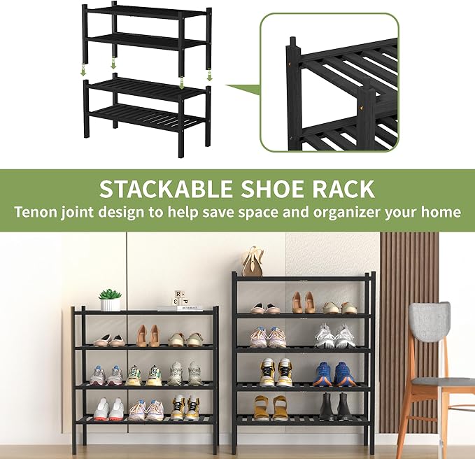 4 Tier (Thick) Bamboo Shoe Rack for Closet Free Standing Wood Shoe Shelf for Entryway Small Space Stackable 27"x12"x28" (Blackl)