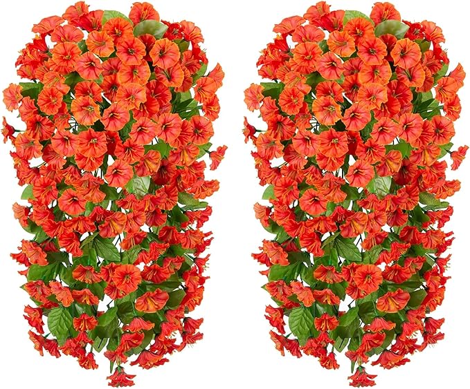 HyeFlora Artificial Fake Hanging Flowers Plants for Outdoor Outside Spring Decor, 2PCS Faux Silk Orange Morning Glory Trailing Vines UV Resistant Look Real for Home Planter Porch Patio