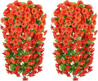 HyeFlora Artificial Fake Hanging Flowers Plants for Outdoor Outside Spring Decor, 2PCS Faux Silk Orange Morning Glory Trailing Vines UV Resistant Look Real for Home Planter Porch Patio