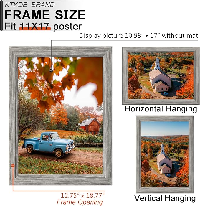 KTKDE 11x17 Picture Frame Set of 5, Wooden frames Grey, Vertical & Horizontal Wall Hanging for Wall Display,Studio Gallery Photo Frame for Photos, Posters & Art Prints