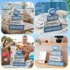 Moucuny 4 Pcs Nautical Beach Decor Shell Tiered Tray Decoration Blue Bow Table Centerpieces Summer Rustic Decorative Block Signs Gift Farmhouse Table Sign for Home Kitchen Shelf