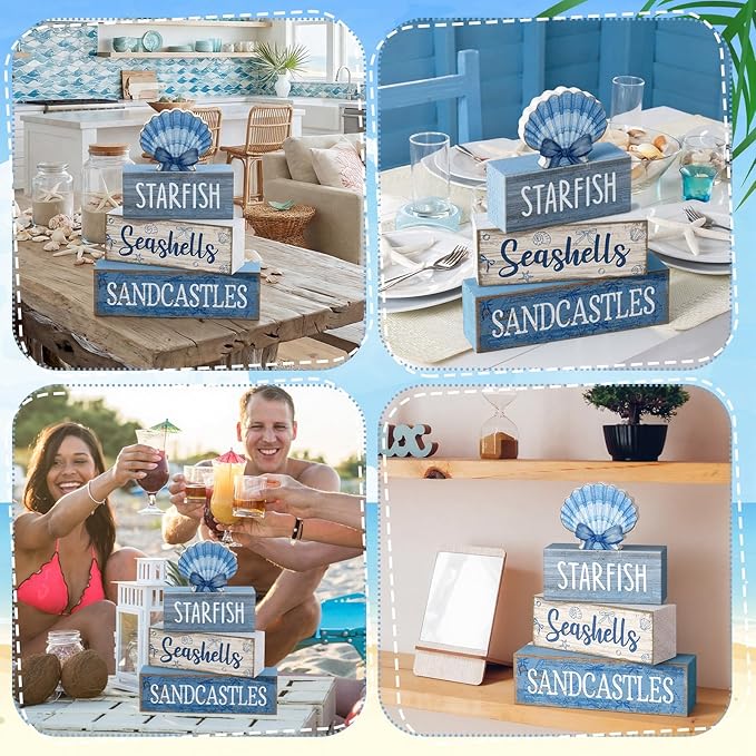Moucuny 4 Pcs Nautical Beach Decor Shell Tiered Tray Decoration Blue Bow Table Centerpieces Summer Rustic Decorative Block Signs Gift Farmhouse Table Sign for Home Kitchen Shelf