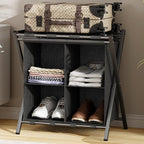 Luggage Rack for Guest Room, Folding Suitcase Stand with Fabric Storage Shelf, Luggage Holder, Steel Foldable Luggage Stand for Guest Room, Bedroom, Hotel, Black