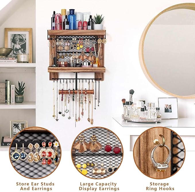 Pinzoveco Hanging Jewelry Organizer Wall Mounted With Wall Jewelry Organizer Holder For Necklaces Bracelet Earrings Ring (Rustic Wood)