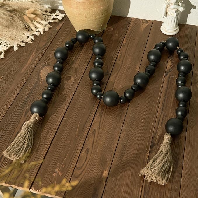 2" Extra Large Wood Bead Garland with Tassels, 75" Long Rustic Farmhouse Wooden Beads Garland, Decorative Beads Boho Decorations for Home Table Mantle Black