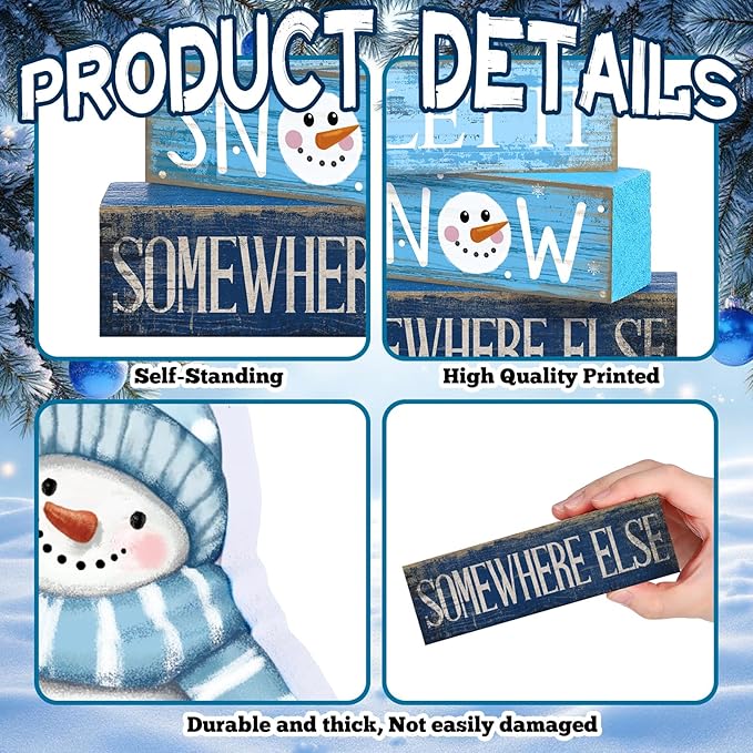 Lineshading 4 Pcs Snowman Christmas Table Decorations Blue and White Wooden Snowman Stacked Block Sign Gifts Winter Tiered Tray Decor Rustic Winter Centerpiece for Wonderland Party Home Kitchen