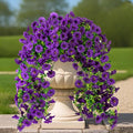 Fake Artificial Hanging Flowers for Outdoor, 2 PCS Silk Morning Glory Faux Flowers with Eucalyptus Leaves,Realistic Hanging Plants for Wedding Home Office Garden Decor