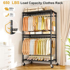 P5 Rolling Clothes Rack Heavy Duty, Clothing Racks for Hanging Clothes, Metal Garment Rack with Wheels, 3-Tier Portable Closet Rack 39.4'' W × 20.5'' D × 80.5'' H, Max Load 650 Lbs, Black