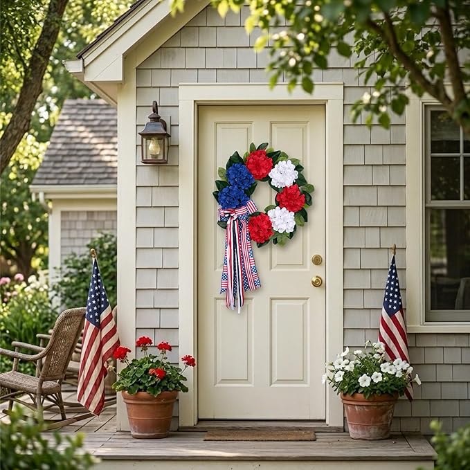 20 Inch Patriotic Front Door Wreath for July 4th Independence Day and Memorial Day, Artificial Red White Blue Hydrangea Wreath with USA Flag-Themed Long Bow
