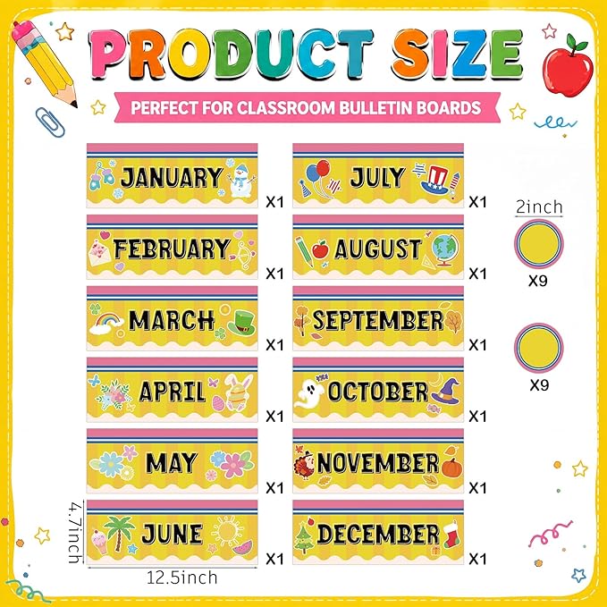 Zonon 48 Pcs Months of the Year Bulletin Board Set 12 Monthly Headliners Holiday Seasonal Monthly Bulletin Board Borders with 36 Round Blank Confetti Cutouts for Classroom(Pencil Style)