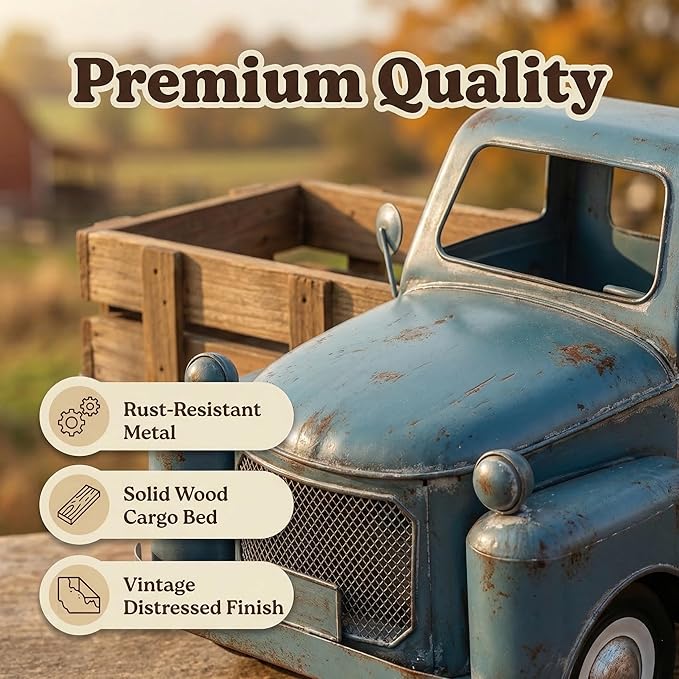 25x9.4x13in Vintage Antique Blue Farm Truck Decor, Rustic Metal Pickup Truck, Farmhouse Tabletop Decorative Planter & Storage for Home Indoor Outdoor