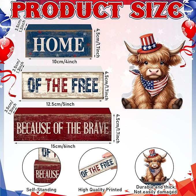 Moucuny 4 Pcs 4th of July Decorations Patriotic Highland Cow Wooden Block Sign Set America Table Decor Patriotic Tiered Tray Decor Red White Blue Memorial Day Centerpieces for 250th Anniversary Home