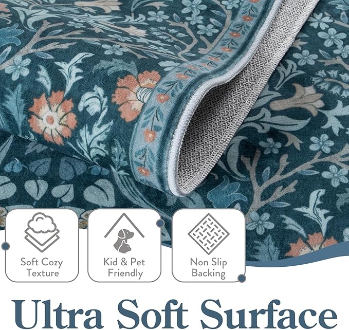 Moynesa Floral Washable 8x10 Rug, Large Area Rugs for Living Room, Soft 8 x 10 Boho Bedroom Rugs, Non Slip Botanical Ultra Thin Floor Carpet for Dining Room Nursery, Teal