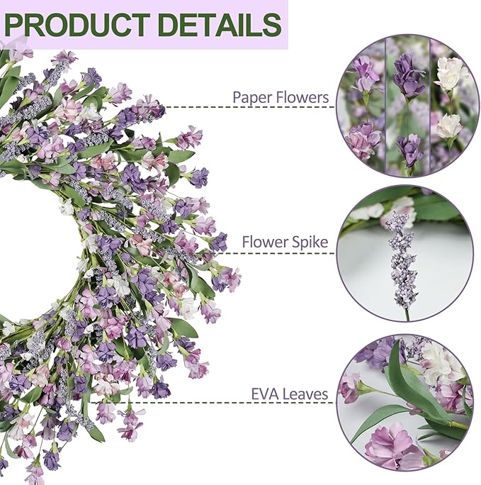 Artgar Front Door Wreath 24 Inch Spring/Summer Wreaths for Front Door, Front Door Wreaths for All Seasons for Indoor Outdoor Home Office Wall Window Wedding Farmhouse Decor (Purple)