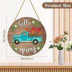 Harooni Hello Spring Blue Truck Welcome Sign for Front Door Spring Summer Wreaths for Front Door Tulip Flowers Pickup Wood Wreath Rustic Farmhouse Door Hanging Sign for Indoor Outdoor Decor 12 Inch