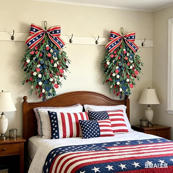 2 Pack 20'' Patriotic Swag Wreaths for Cabinets Artificial 4th of July Teardrop Wreath with Red White Blue Circular and Green Leaves for Independence Day Memorial Day Front Door Porch Window Wall
