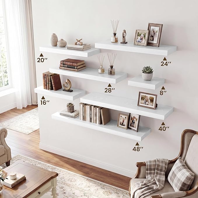 RICHFOCUS 20Inch Floating Shelves for Wall 2 Pack Shelves for Bedroom|Kitchen|Bathroom|Laundry Room Rustic Wood Wall Mounted Shelf with Invisible Brackets for Books|Storage|Decor, White