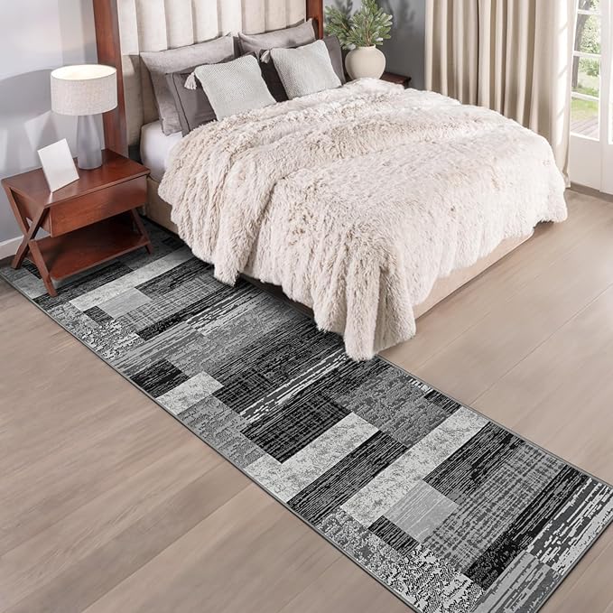 FlyDOIT Modern Geometric Patchwork Area Rug, 2.7x10 Grey Runner Rugs for Living Room, Rockwood Collection Indoor Rugs for Bedroom, Throw Carpet Floor Decor for Entryway Dining Room Office Nursery