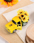 Huray Rayho Sunflower Metal Truck with Artificial Plastic Flower Yellow Vintage Farm Pickup Farmhouse Tabletop Tiered Tray Decor Home Kitchen Mantel Shelf Spring Mini Diecast Truck Decorations