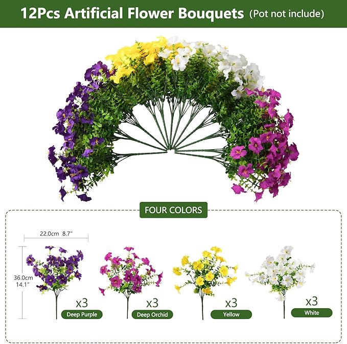 INQCMY Artificial Fake Flowers for Outdoor Spring Decoration,12 Bundles Faux Silk Colorful Morning Glory with Eucalyptus UV Resistant Realistic Fake Plants for Outside Planter Porch Patio Yard Garden