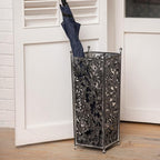 Vintage Metal Distressed Black Umbrella Holder 20"H Square Umbrella Stands with Removable Drip Tray Entryway Organizer Bucket for Foyer/Porch - Holds Multiple Umbrellas, Walking Sticks & Canes