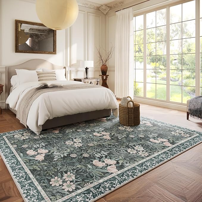 Vintage Floral with Ornate Border Washable 6x9 Area Rug, Soft Low Pile Carpet for Living Room, Dining Room Under Table, Bedroom | Non-Slip, Stain Resistant & Durable