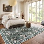 Vintage Floral with Ornate Border Washable 6x9 Area Rug, Soft Low Pile Carpet for Living Room, Dining Room Under Table, Bedroom | Non-Slip, Stain Resistant & Durable