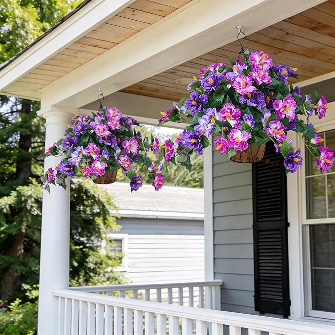 Artificial Flowers for Outdoors Indoors,3 Bunches Fake Hibiscus with Hanging Basket Realistic UV Resistant Silk Flower Leaves,Faux Plant for Outside Home Patio Garden Poch(Purple,Fuchsia)