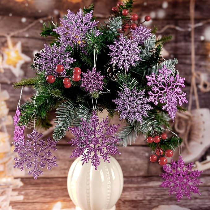 36pcs Purple Christmas Snowflake Ornaments, Plastic Glitter Hanging Snow Flakes for Christmas Tree Decorations Winter Wonderland Frozen Birthday Party Home Decor Craft Snowflakes