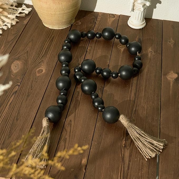 2" Extra Large Wood Bead Garland with Tassels, 60" Long Rustic Farmhouse Wooden Beads Garland, Decorative Beads Boho Decorations for Home Table Mantle Black