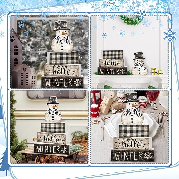 Moucuny 4 Pcs Snowman Christmas Decor Winter Table Decorations Christmas Tiered Tray Decor Winter Centerpiece Decorations Indoor Rustic Wooden Snowman Block Sign Gift Farmhouse for Home Kitchen Shelf