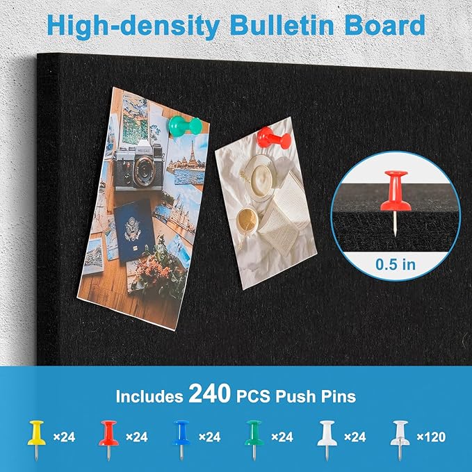 DOLLAR BOSS Felt Cork Board Tiles, 24 Packs 12" x 12" Thick Cork Bulletin Board Self Adhesive Acoustic Panels Soundproof Corkboards for Walls with Pushpins for Home Office Kitchen School, Black