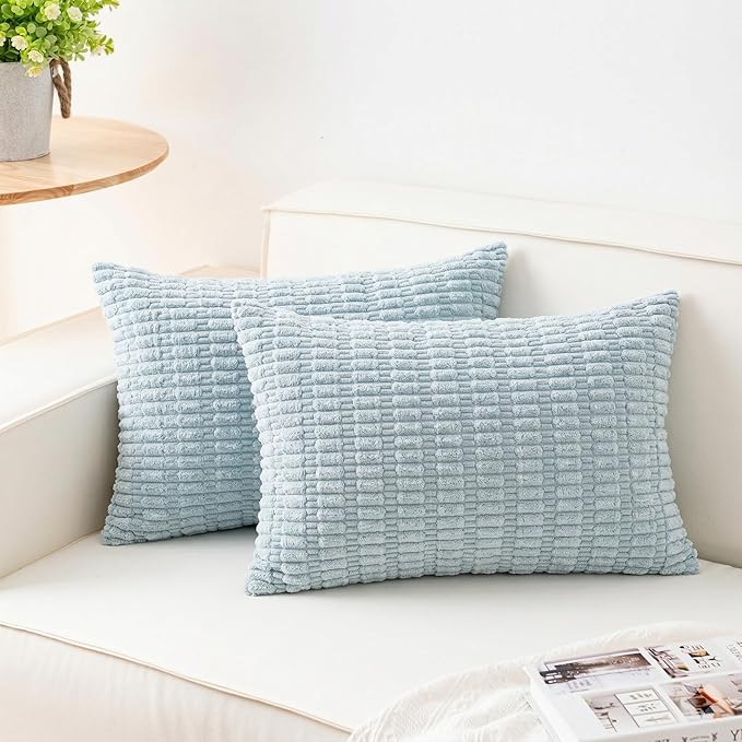 Aegero Pack of 2 Corduroy Decorative Throw Pillow Covers 12x24 Inch Soft Striped Pillow Covers Modern Farmhouse Home Decor for Sofa Living Room Couch Bed（Sky Blue）
