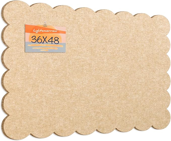 Lightomorrow Scalloped Bulletin Board, 48 x 36 Inches Felt Pin Board - Decorative Cork Alternative for Wall, Foldable Picture Self-Adhesive Vision Prayer Board with 20 Pushpins - Beige Brown