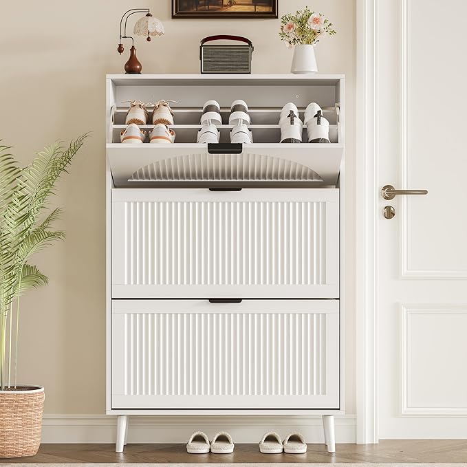 Shoe Cabinet for Entryway with 3 Flip Drawers, Slim Wooden Shoe Storage Organizer with Modern Fluted Pannel，Freestanding Narrow Hidden Shoe Rack for Hallway, Foyer, Living Room