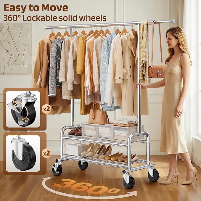 Heavy Duty Clothes Rack - Load 660 LBS, Rolling Clothing Rack for Hanging Clothes with Lockable Wheels & Shelves, Portable Garment Rack for Bedroom, Laundry, Living Room, Silver