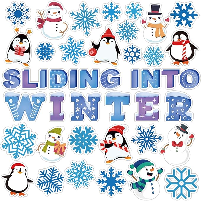 Winter Bulletin Board Decorations Winter Wonderland Paper Cutouts for Classroom Sliding into Winter Bulletin Board Set Snowflake Penguins Xmas Party Themed Cutouts for School Wall Door Decor