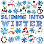 Winter Bulletin Board Decorations Winter Wonderland Paper Cutouts for Classroom Sliding into Winter Bulletin Board Set Snowflake Penguins Xmas Party Themed Cutouts for School Wall Door Decor