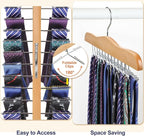 TOPIA HANGER Tie Rack Hanger for Closet 2 Packs, Wooden Tie Organizer for Men with 24 Folding Hooks, Space Saving Necktie Holder for Storage and Display Bra, Tank Top, Camisole (Natural) - CT14N-2